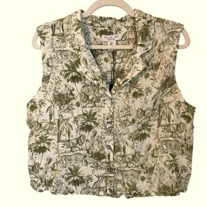 Rachel Zoe Sleeveless Linen Vest Top Cream Green Safari Animals Print Size L